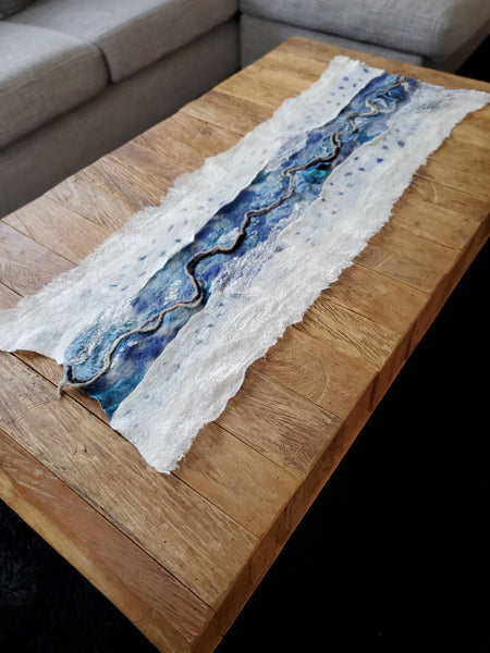 Coastal table runner or wall art high quality hand made, silk & merino wool, beach lifestyle decor.