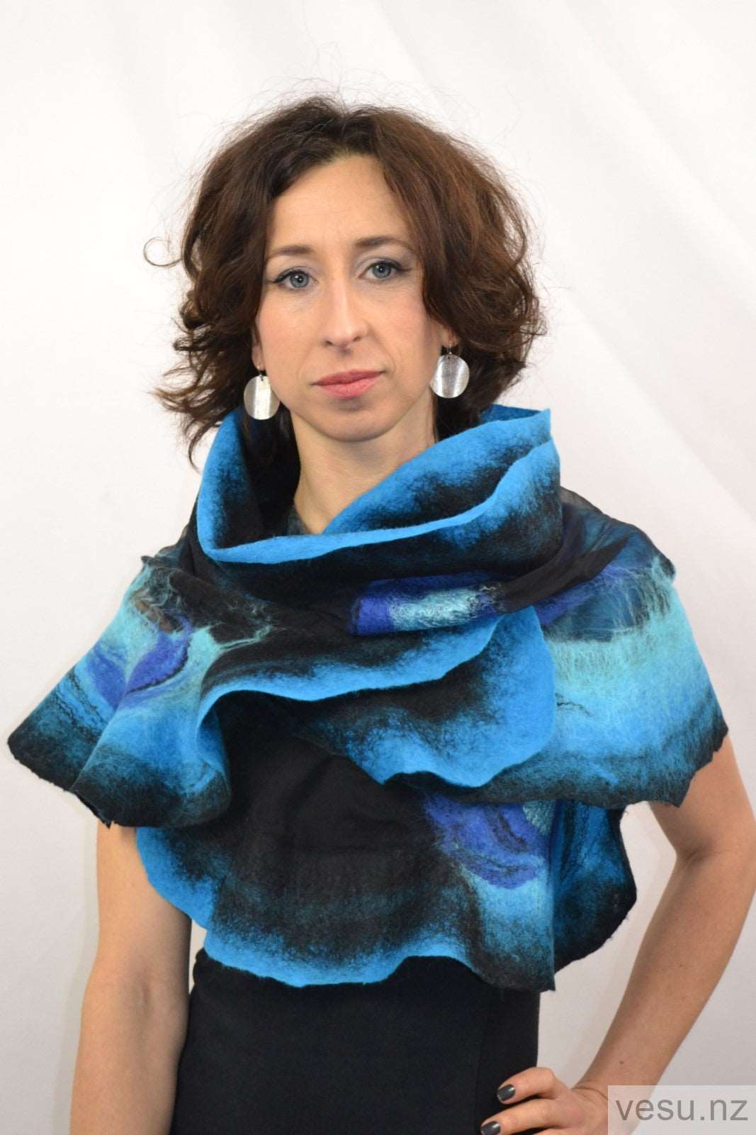 Handmade shawl silk and merino wool turquoise and blue 4279