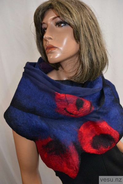 Dark blue and red, silk shawl with merino wool 4348