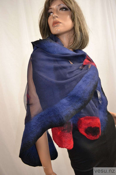 Dark blue and red, silk shawl with merino wool 4348