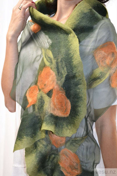 Green silk scarf with orange 4402