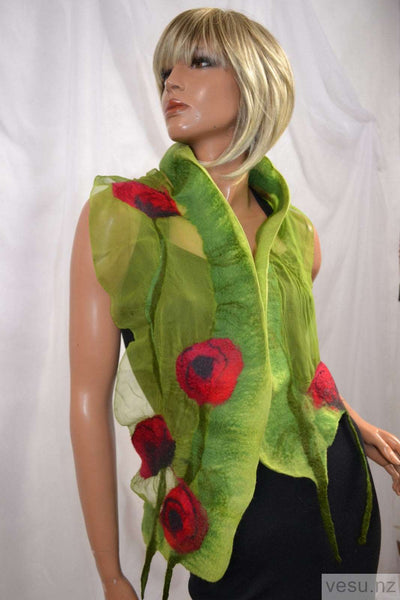 Red poppies green scarf silk merino wool 4404