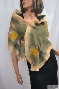 Khaki beige silk scarf merino felting