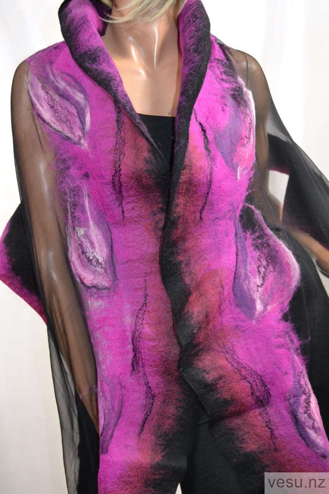 Black magenta - Unique silk shawl with merino wool 4416