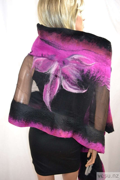 Black magenta - Unique silk shawl with merino wool 4416