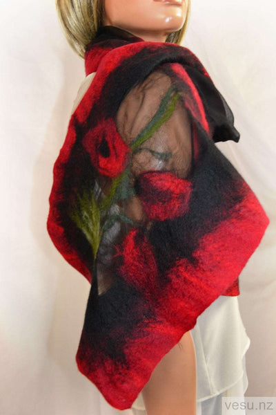 Red poppies scarf silk and merino wool 4476