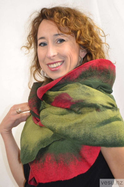 Green with red shades, silk shawl wit merino wool 4596