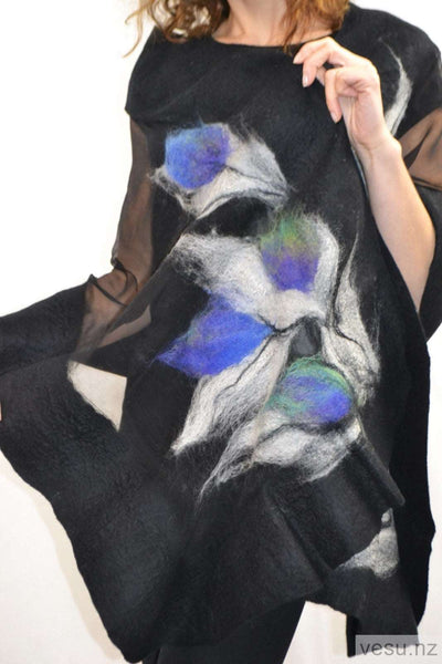 Black shawl, felted merino wool on natural silk 4599