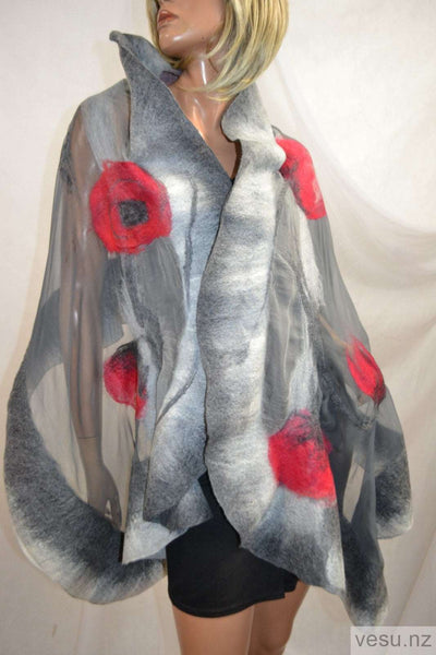 Red poppies on gray silk handmade shawl 4611
