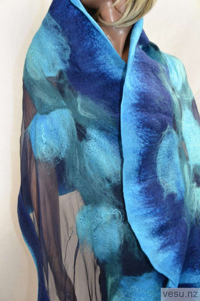 Blue nuno felt large shawl with merino wool 4616