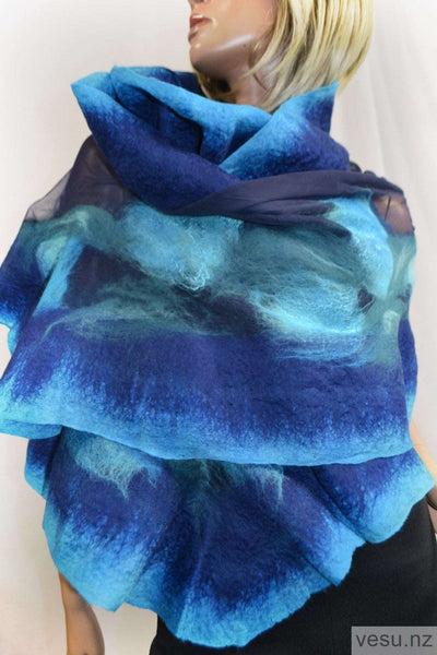 Blue nuno felt large shawl with merino wool 4616