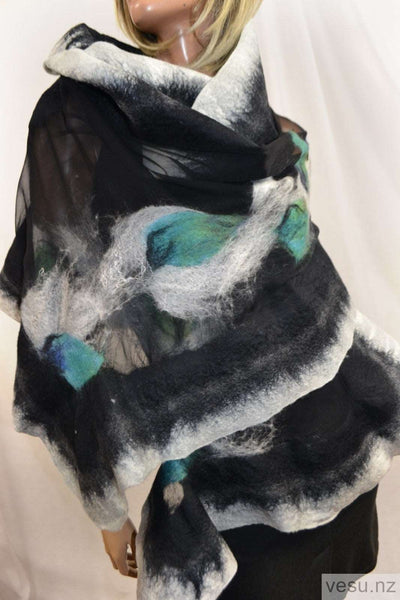 Nuno felt large shawl with merino wool black and gray 4617