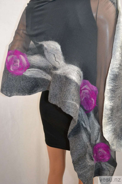 Gray magenta silk shawl with merino wool 4619