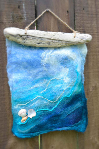 Ocean wave from merino and silk, wall hanging