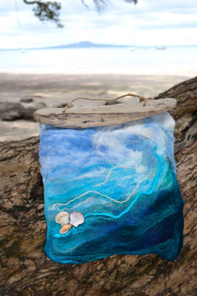 Ocean wave from merino and silk, wall hanging