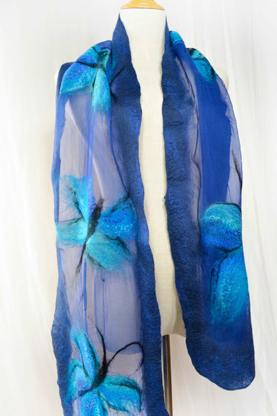 Hand-felted scarf Merino Morpho butterflies on silk 4630