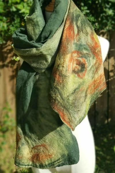 Immersed in green merino Wool and Silk Scarf 4633