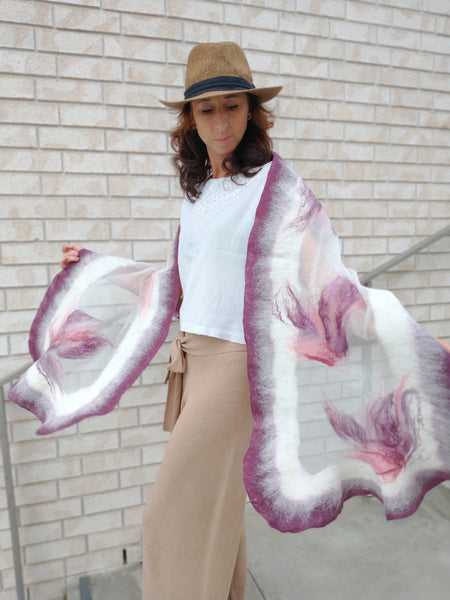 Amazing scarf in shade of pink, ruby, rose colors. Merino wool & silk handmade shawl, simply add to dress, blouse to get outstanding stylish