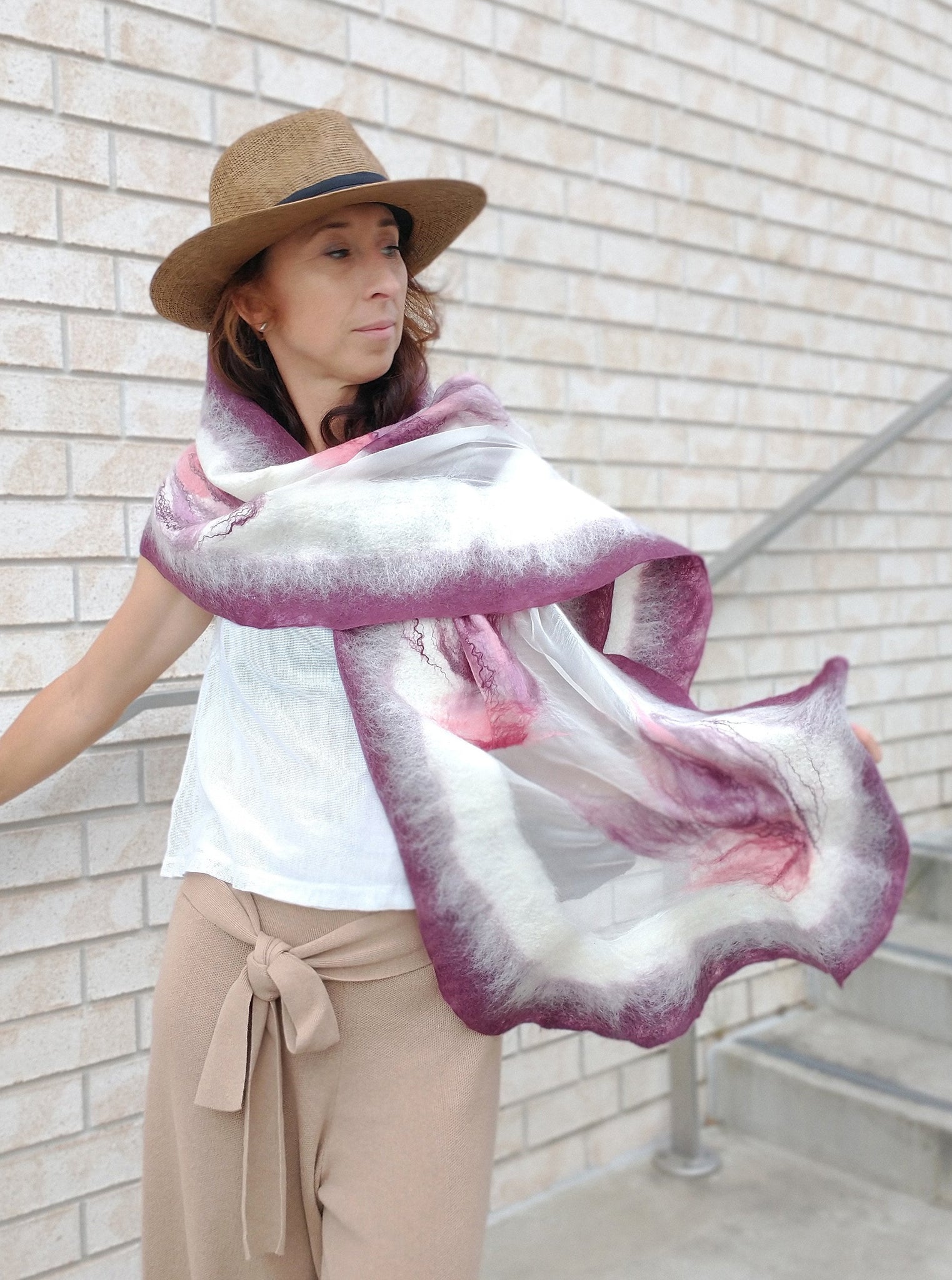 Amazing scarf in shade of pink, ruby, rose colors. Merino wool & silk handmade shawl, simply add to dress, blouse to get outstanding stylish