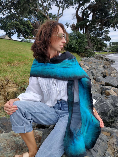 Green stone jade in turquoise ocean  scarf, amazing accent in wardrobe. Wear with cobalt blue, black, white t-shirt, coat, jacket or dress. 4636