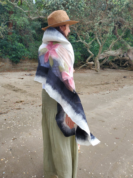 Nunofelting Shawl Pink Magnolia. Natural silk and soft merino wool in cream and black.