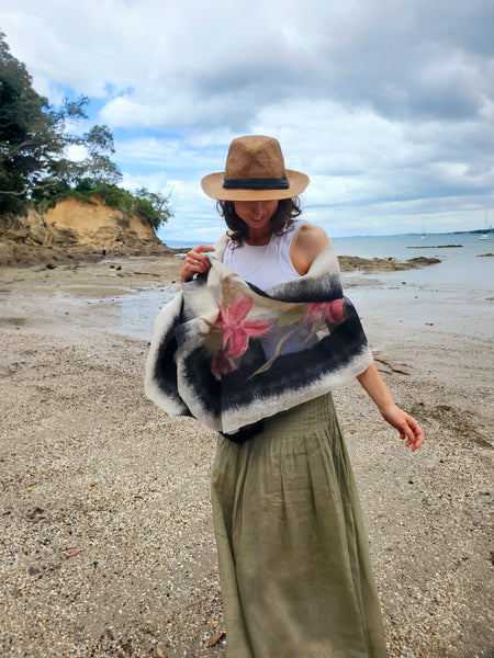 Nunofelting Shawl Pink Magnolia. Natural silk and soft merino wool in cream and black.