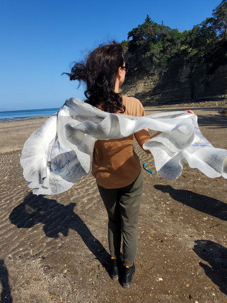 Shawl Boho chic natural cream with touch of ocean blue.