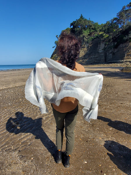 Shawl Boho chic natural cream with touch of ocean blue.