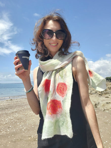 Pohutukawa summer scarf, icon of New Zealand Christmas tree. Merino blended with silk.