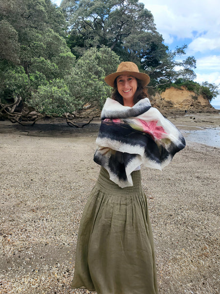 Nunofelting Shawl Pink Magnolia. Natural silk and soft merino wool in cream and black.