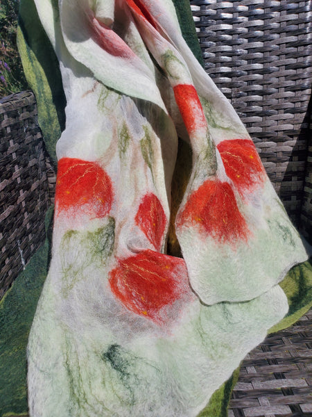 Pohutukawa summer scarf, icon of New Zealand Christmas tree. Merino blended with silk.