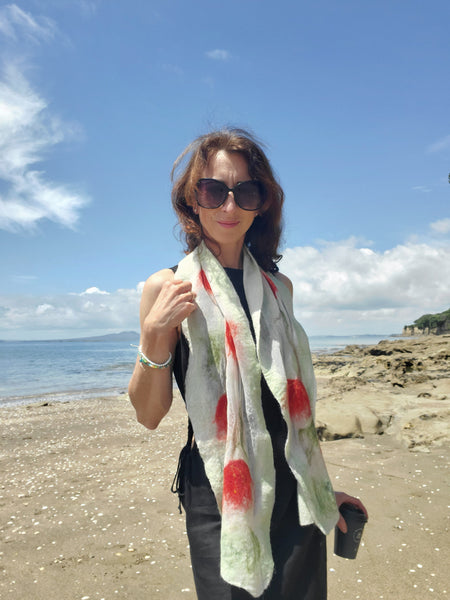 Pohutukawa summer scarf, icon of New Zealand Christmas tree. Merino blended with silk.