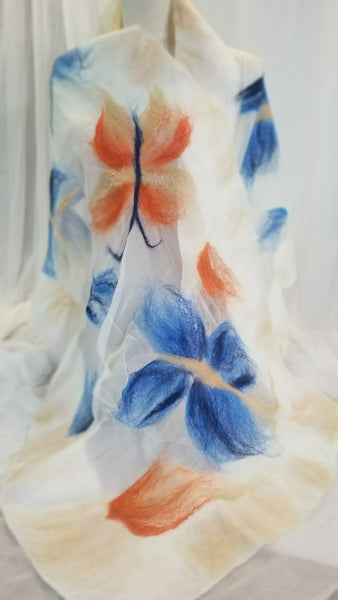Spring scarf with Little Blue and Orange Butterflies, soft, light, cozy, versatile shawl, Zizina and Tussock NZ common butterflies