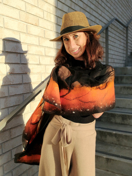 Soft nunofelted scarf Monarch Butterfly inspired by nature, amazing piece in wardrobe. Goes well with beige, black, t-shirt, jacket, dress.