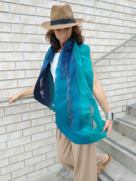 Tui bird feather; merino wool & silk scarf, ombre turquoise, neck warmer, incredible mothers gift, nuno felted wearable art, nature in art