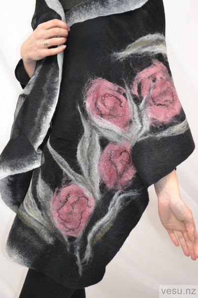 Silk shawl with merino wool pink black and gray 4262