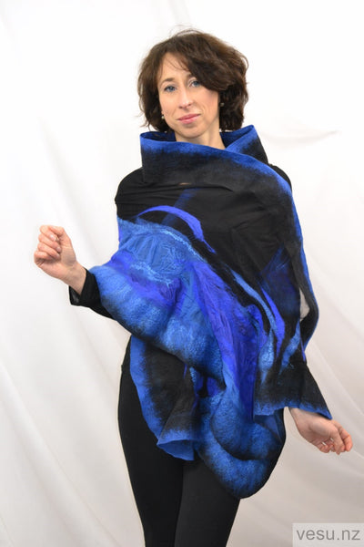 Silk shawl with merino wool blue and black 4263
