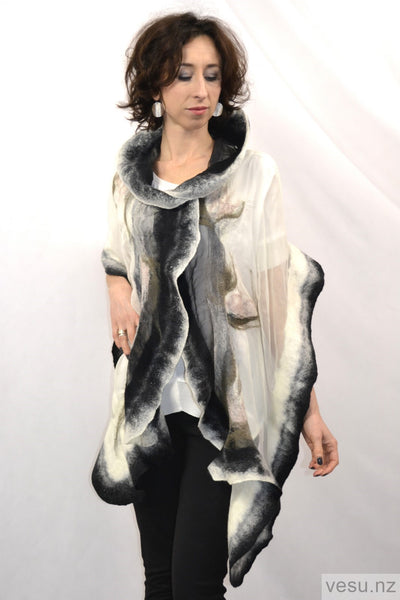 Handmade shawl silk and merino wool white and black 4281