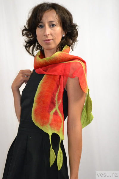 Green orange silk scarf merino wool 4341