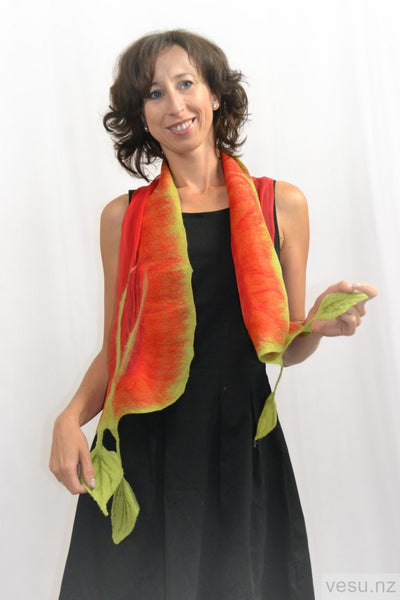 Green orange silk scarf merino wool 4341