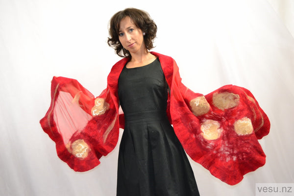 Red silk shawl. merino wool with natural silk 4347