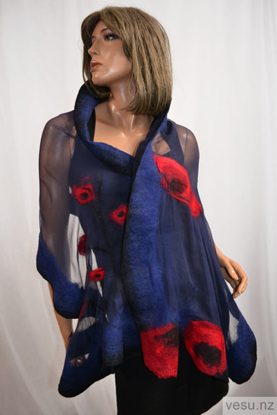 Dark blue and red, silk shawl with merino wool 4348