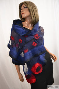 Dark blue and red, silk shawl with merino wool 4348