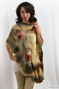 Large nuno felted shawl khaki and beige 4363