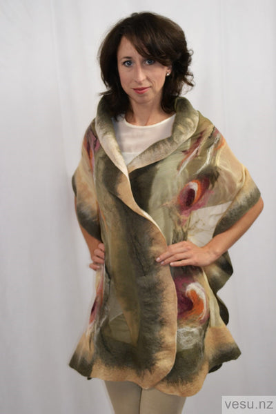 Large nuno felted shawl khaki and beige 4363