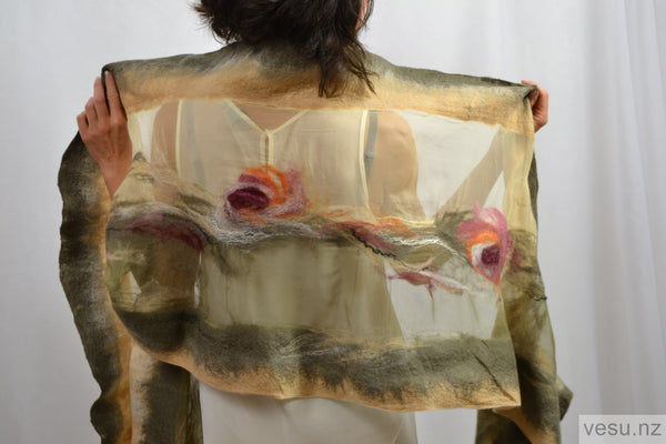 Large nuno felted shawl khaki and beige 4363