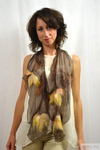 Brown with yellow silk scarf with merino wool 4383