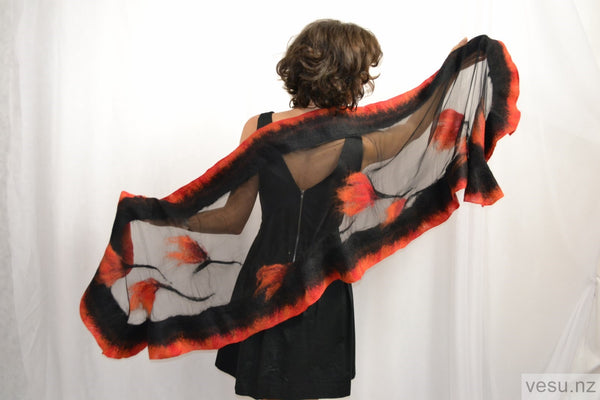 Red with ginger and black silk shawl with merino 4396