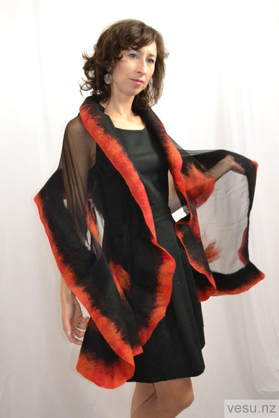 Red with ginger and black silk shawl with merino 4396