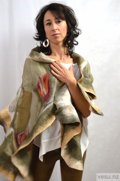 Unique silk shawl khaki 4400